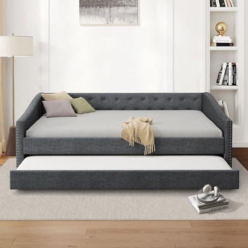 Twin Upholstered Daybed with Trundle, Tufted Button Back & Piping Arms, Light Grey