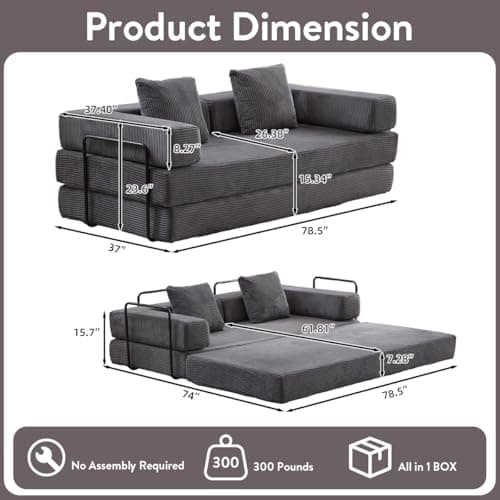 4-in-1 Convertible Folding Sleeper Sofa Bed, Dark Grey Corduroy Mattress Couch