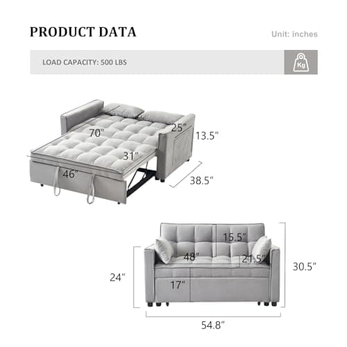 3-in-1 Grey Sleeper Sofa Bed with Adjustable Backrest