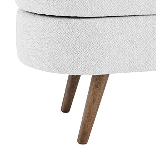 White Linen Storage Ottoman Bench, 43 Oval Entry Bench for Living Room and Bedroom