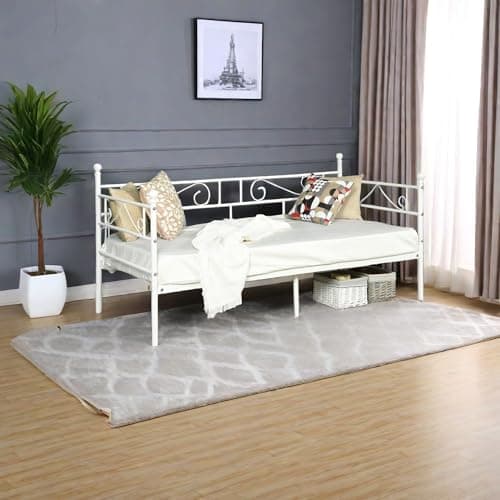 Beige Twin Metal Daybed Frame with Headboard & Mattress Platform Bed
