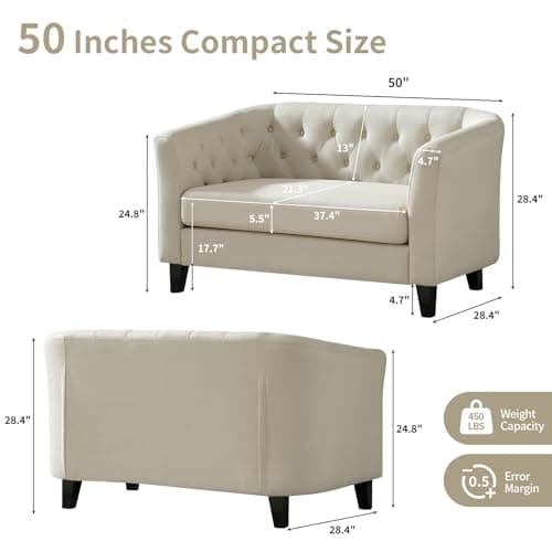 50" Button Tufted Loveseat Sofa for Small Spaces, Contemporary Beige