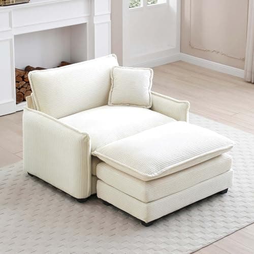 Beige Oversized Corduroy Chaise Lounge with Ottoman & Recline