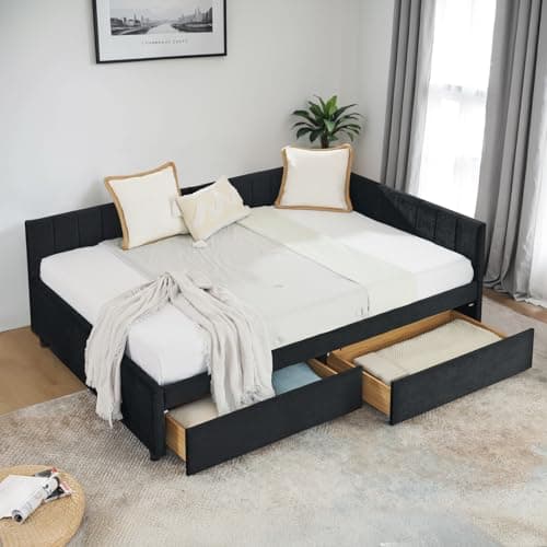 JEEOHEY Full Size Velvet Striped Daybed with Storage, Grey