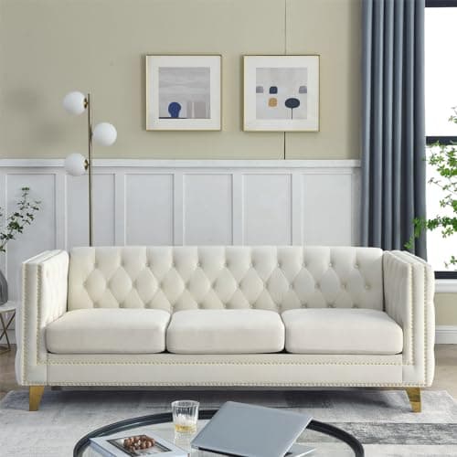 Modern Oversized Chesterfield Velvet Sofa with Button Nailhead (Beige)