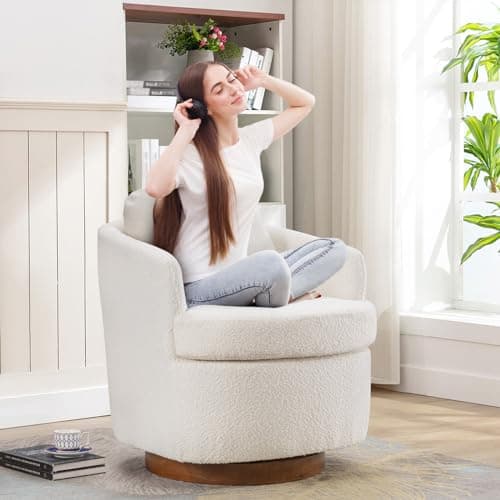 JEEOHEY 30 Ivory Swivel Barrel Chair - Modern Boucle Accent Chair for Nursery, Living Room, Bedroom, Club
