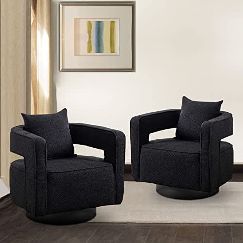 ODUWA Modern Round Boucle Swivel Chair Set of 2, Black Base, Living Room Nursery Comfortable