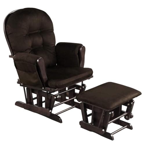 Costzon Brown Wood Glider Rocker with Storage & Padded Arms