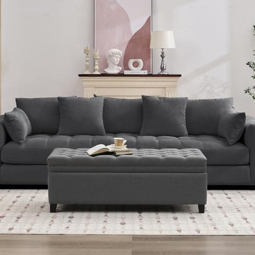 Dark Grey 50 Inch Storage Ottoman with Tufted Bench and Wood Legs