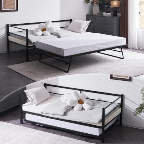VINGLI Heavy Duty Metal Twin Daybed with Pop Up Trundle, Black