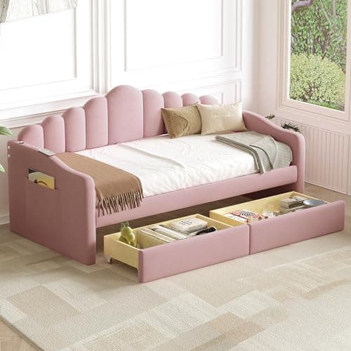 Merax Beige Corduroy Twin Daybed with Storage & Wood Slat Support