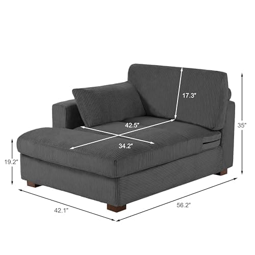 Gray Oversized Corduroy Chaise Lounge with Right Armrest & Cushy Recliner Couch - Solid Wood Solid Cover