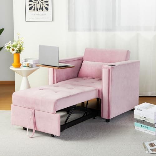 3-in-1 ORRD Convertible Sofa Bed, Faux Leather Loveseat with Pull-Out Chaise Lounge and Hidden Table
