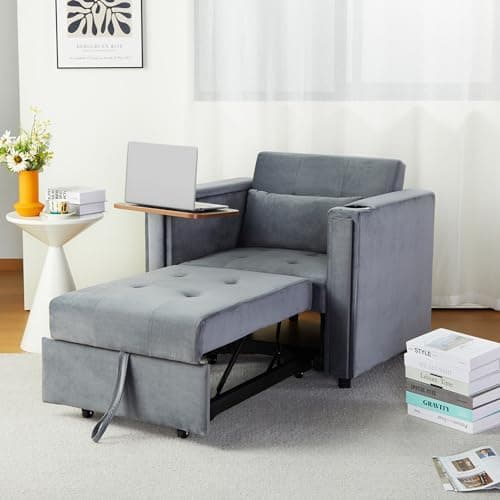 3-in-1 ORRD Convertible Sofa Bed, Faux Leather Loveseat with Pull-Out Chaise Lounge and Hidden Table