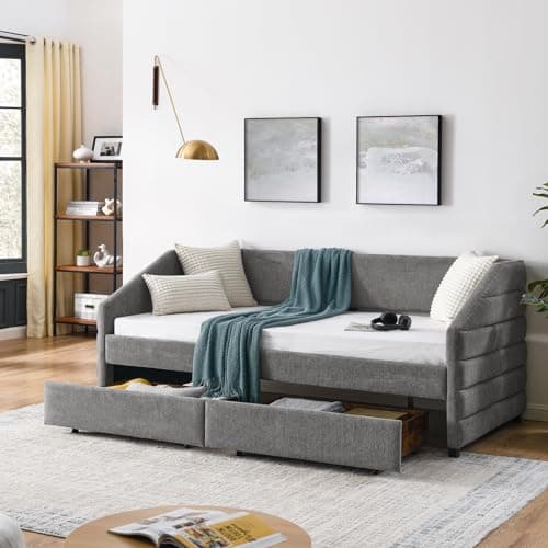Modern Upholstered Daybed with Storage and Trundle Frame, Grey