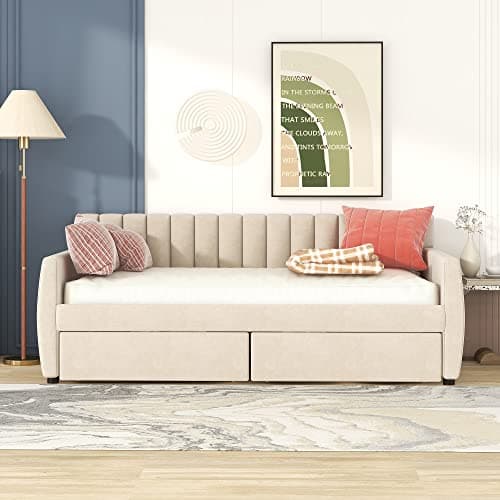 Upholstered Daybed with Storage Drawers, Velvet Sofa Bed Daybed (Twin Size, Beige)