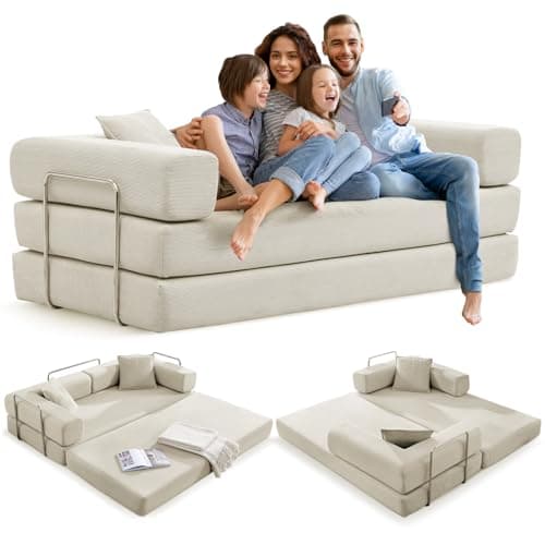 Grey Convertible Sleeper Sofa Bed with Memory FoamMattress&Cylindrical Pillows