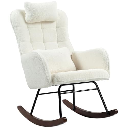 HOMCOM Teddy Fleece Rocking Chair with Headrest, Cream White