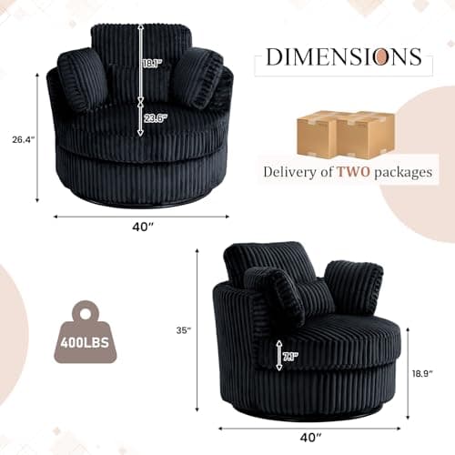 40" Modern Black Swivel Chair with 360° Metal Base & Plush Pillows, Thick Cushion, Living Room & Bedroom Accent (Black)