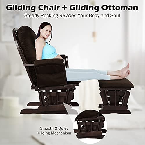 Costzon Brown Wood Glider Rocker with Storage & Padded Arms