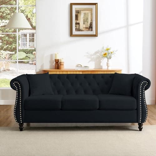 JEEOHEY Chesterfield Sofa Set, 2 Pieces Velvet Sofa with Rolled Arms & Nailhead Trim, Comfy 2/3 Seater, Oversize Modern Couch (Black)