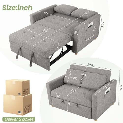 SEJOV 2-Seater Grey Linen 3-in-1 Sleeper Sofa Bed