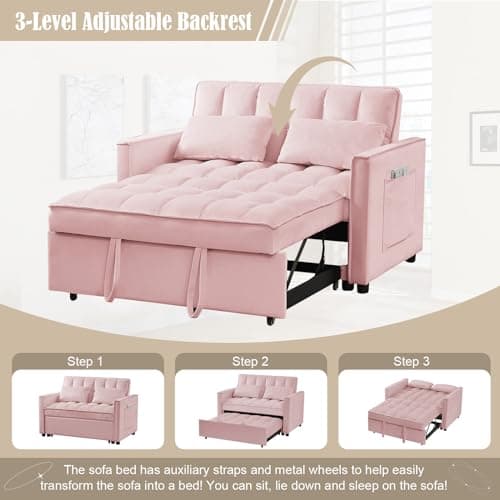 Convertible Sleeper Sofa Bed with Adjustable Backrest, Velvet Upholstered, Pink, 53