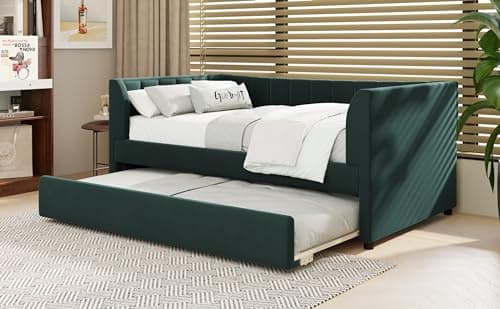 Merax Velvet Daybed with Backrest and Armrests, Green, Twin with Trundle