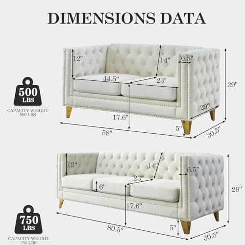 Oversized Chesterfield Sofa Set with Button Nailhead Upholstery