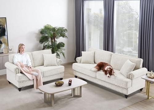 Comfy Sofa Couch Set: 2-Piece Living Room Furniture Set with Loveseat and 3-Seater Sofa (White)