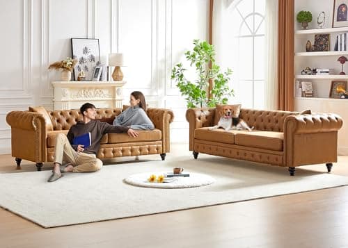 Mid Century Modern Button Tufted Loveseat & 3 Seater Brown Couch Set