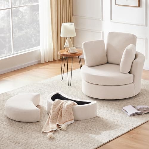 Swivel Accent Barrel Chair with Removable Headrest and Neck Support Pillow, Living Room Oversized Chair with Ottoman – Beige