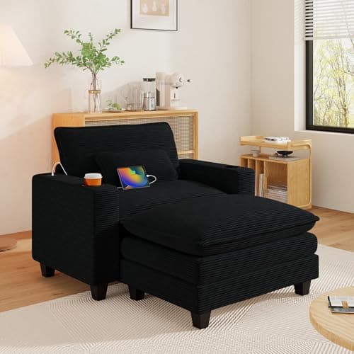 Oversized Grey Corduroy Chaise Lounge Chair with Ottoman & USB Port