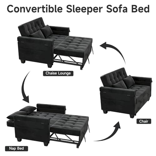3-in-1 Convertible Sofa Bed with Adjustable Backrest & Hidden Side Table, Black