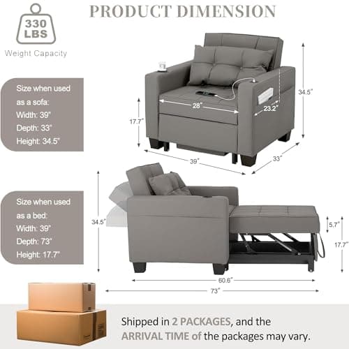 DURASPACE 3-in-1 Convertible Pull Out Sofa Bed with USB, Gray Faux Leather for Living Room