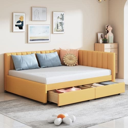 Merax Full Size Upholstered Daybed with Storage Drawers, Yellow Linen Fabric