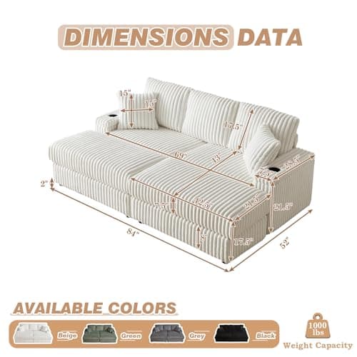 Beige 84 Oversized Chaise Lounge Chair with Ottoman, Storage & Cup Holders - Modern Sectional Sofa Bed for Living Room, Office (3 Seater)