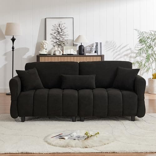 Black 3-Seater Mid Century Chenille Couch with Tufted Design & 3 Pillows