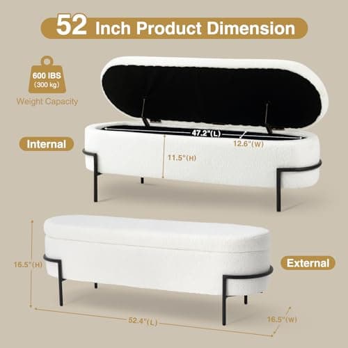 Sherpa Storage Bench, 52 Inch Oval Ottoman with White Upholstery and Metal Stand