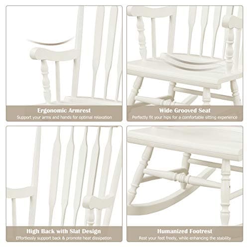 Giantex Outdoor Wood Rocking Chair - White,Slat Back,Patio & Garden Rocker