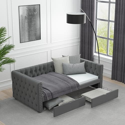 Velvet Upholstered Twin Daybed with Storage Grey (No Box Spring)
