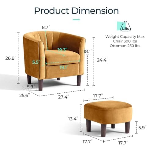 LINSY Velvet Accent Chair with Ottoman, Modern Barrel Reading Chair, Yellow