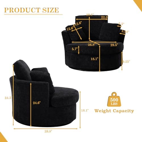 JEEOHEY 360 Degree Swivel Chenille Fabric Chair Set, Black, Oversized Sofa Accent