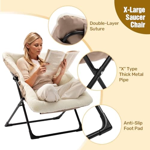 HollyHOME Beige Faux-Fur Oversized Folding Lounge Chair