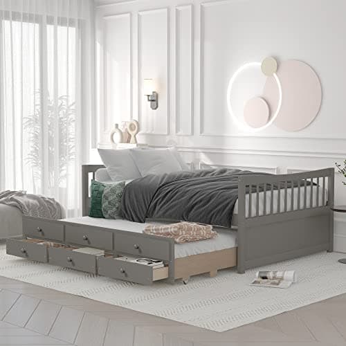 Upholstered Daybed with Trundle, Drawers, and Wood Slat Support Frame - Grey