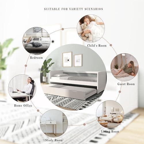 Modern Wood Daybed with Armrest & Trundle, White