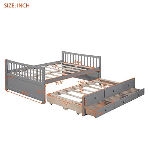 Upholstered Daybed with Trundle, Drawers, and Wood Slat Support Frame - Grey