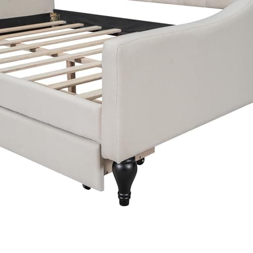 Beige Upholstered Tufted Daybed with Storage, Easy Assembly, No Box Spring Needed