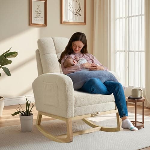Teddy Fabric Rocking Chair with Adjustable Footrest (Beige)