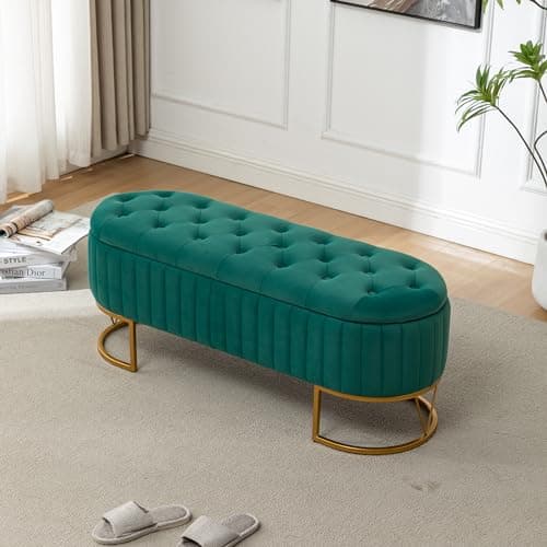 Modern Velvet Upholstered Storage Bench with Golden Metal Legs - Ivory
